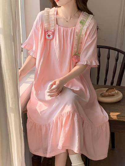 带胸垫公主风睡裙女夏季短袖可爱花朵薄款家居服夏天宽松孕妇睡衣