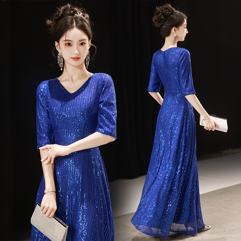 Blue High-Elastic Shiny V-Neck Host and Conductor Long Dress for Female Choral Performances, Daily Banquets, and Adult Evening Wear