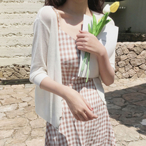 Ice silk knitted cardigan summer short vneck small shawl with skirt thin seven-point sleeve sunscreen women