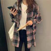 Plaid shirt Womens 2021 new spring and autumn loose long coat Joker long sleeve thin sunscreen wear shirt