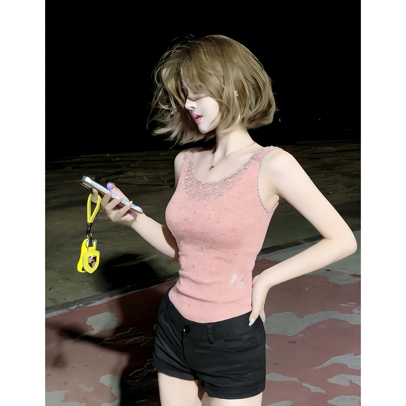 Lym Studio Sweet Style Heavy Pearl Embellished Sleeveless Vest for Women, Slim Fit Pullover Pink Top