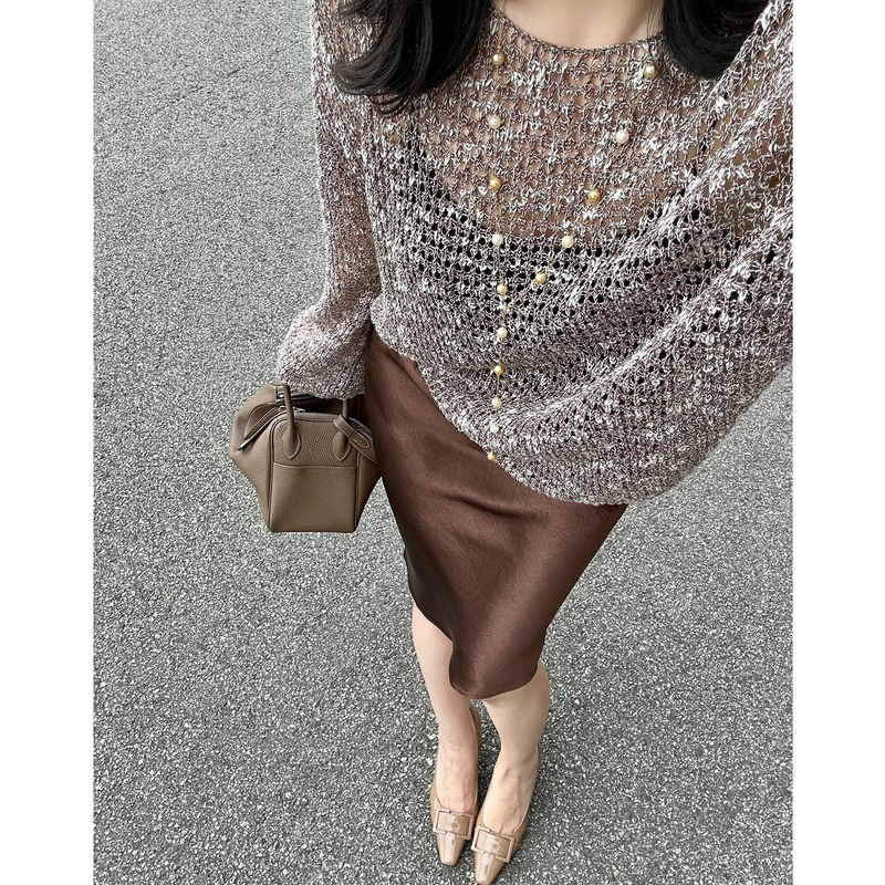 Lym Studio Design-Inspired Hollow-Out Long-Sleeve Knit Top, Loose See-Through Sun Protection Cover-Up, Casual Style Top