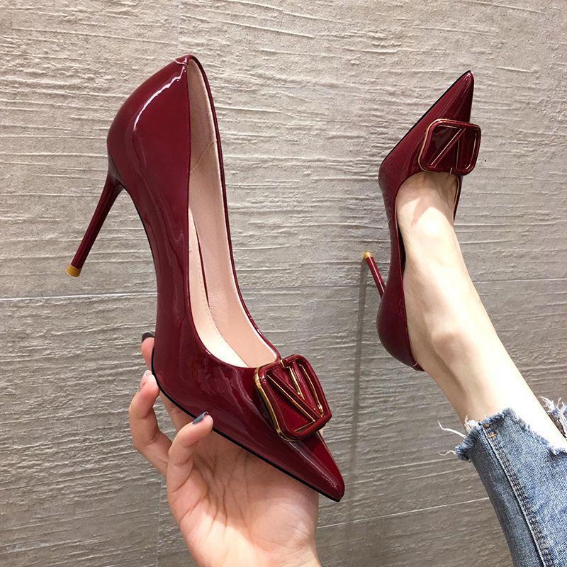 Hong Kong French High Heels Women's Super High Heels Professional Burgundy Elegant Sexy Patent Leather Stiletto Heels 10cm Pointed Toe Shoes Hong Kong French High Heels Women's Super High Heels Professional Burgundy Elegant Sexy Patent Leather Stiletto Heels 10cm Pointed Toe Shoes