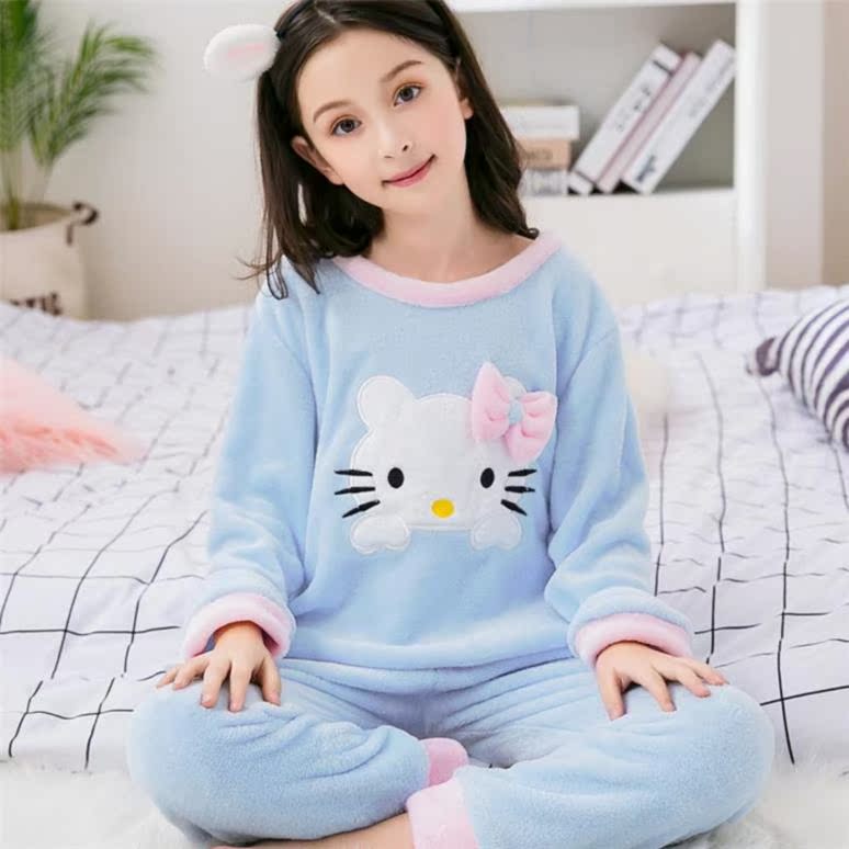 Mùa xuân và mùa thu. Trẻ em mùa thu / mùa đông pajama set cô gái mảnh của nhung san hô ấm mỏng cộng với nhung dài tay quanh cổ áo chị nam.