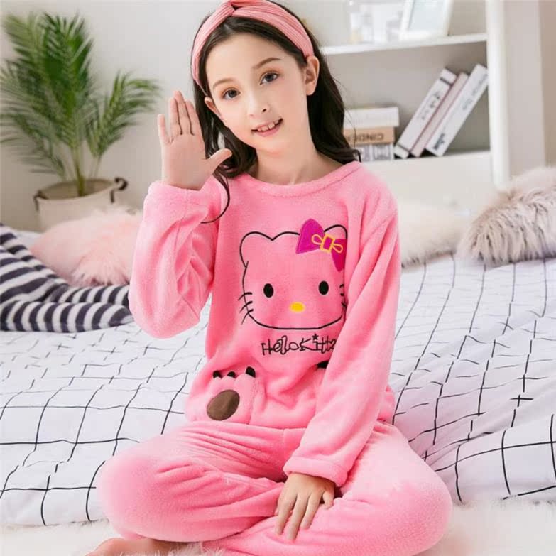 Mùa xuân và mùa thu. Trẻ em mùa thu / mùa đông pajama set cô gái mảnh của nhung san hô ấm mỏng cộng với nhung dài tay quanh cổ áo chị nam.