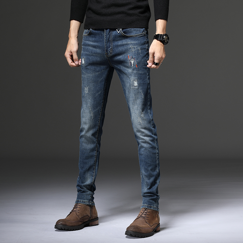 Men's jeans trendy brand ripped slim feet trousers Korean version youth fashion all-match elastic jeans men kz
