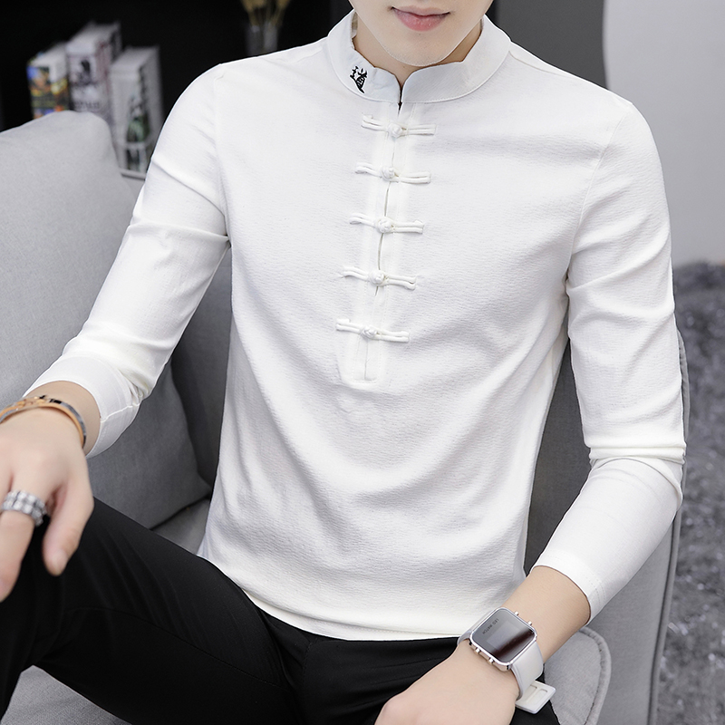 Stand-up collar long-sleeved T-shirt men's fashion brand 2020 autumn Chinese style retro buckle top Korean version of the trend slim T-shirt