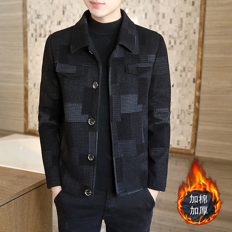 Plaid woolen sweater for men's damp winter plus cotton thickened Korean version handsome men's suit jacket men's short version of the wind