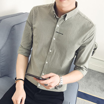 Striped Short Sleeve Shirt Men Slim Korean Handsome 5 Half sleeve Inch Shirt Cotton Casual Mid Sleeve Shirt