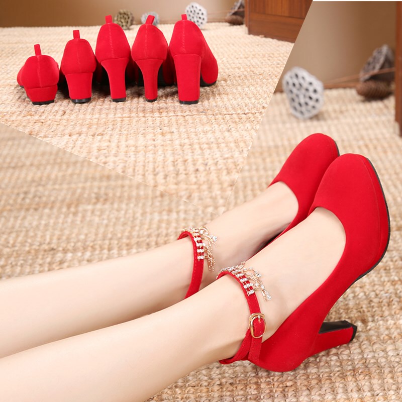 Wedding Shoes for the Bride, Formal Dress Shoes for Women, Ankle Strap with Rhinestones, Small Size 33, Plush, Thick High Heels, Medium-Low Round Toe