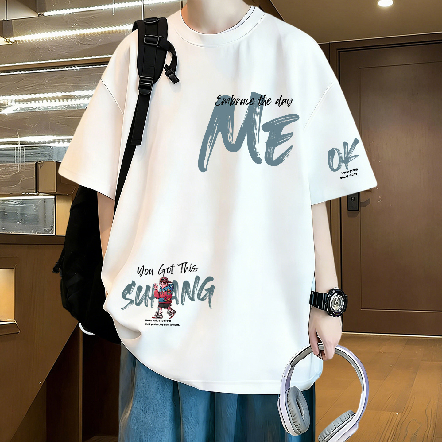 青少年重磅纯棉短袖T恤男孩美式宽松夏季初高中学生五分袖帅气潮