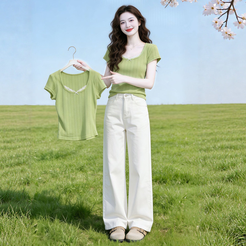Green Lace Trim V-Neck Slim-Fit Short-Sleeve T-Shirt for Women, New Summer Style Dopamine Mature Chic Stunning Top