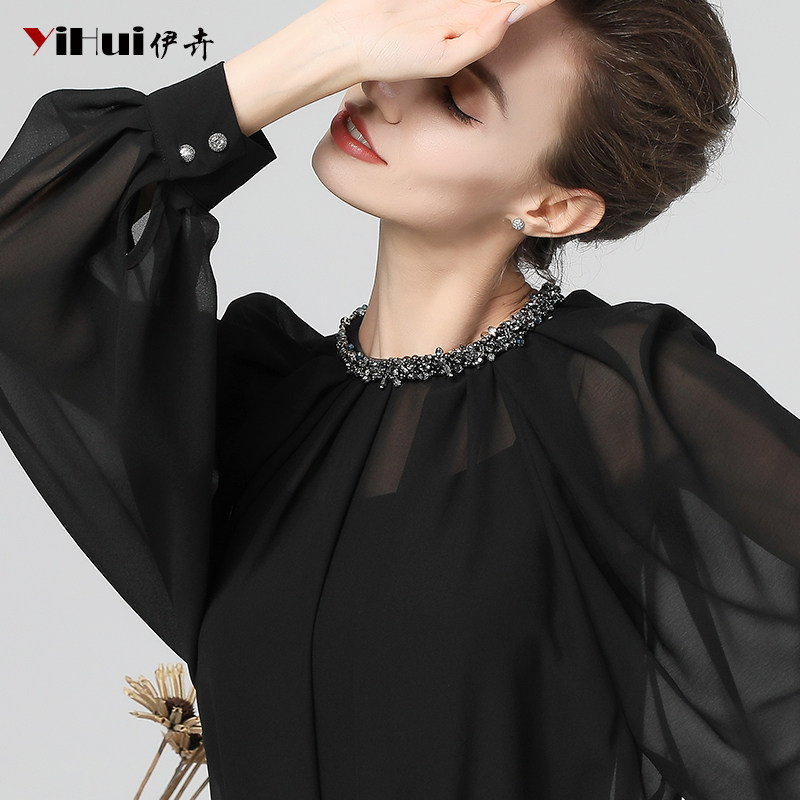 2020 autumn new chiffon shirt women's lantern long-sleeved top shirt beaded summer black loose thin cover belly