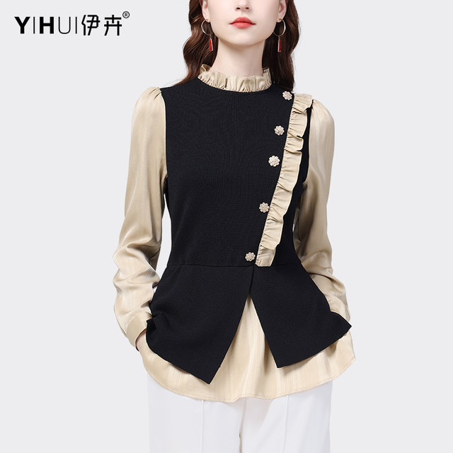 Fake two-piece knitted sweater shirt women's chic top splicing design fashion and slim professional 2023 spring new style