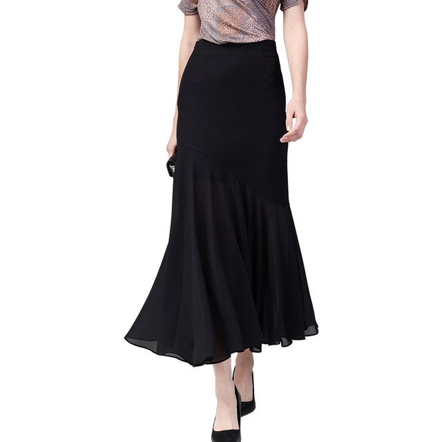 European station summer new black skirt female chiffon skirt all-match A-line skirt high waist ruffled long skirt all-match