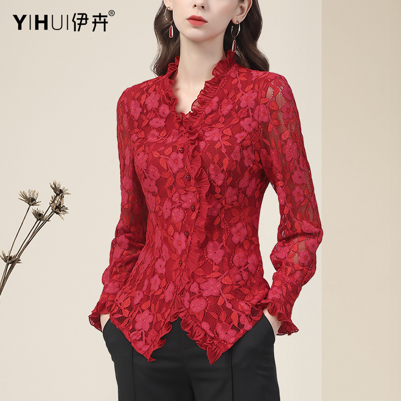 Early Spring Lace Blouse for Women, V-Neck Long-Sleeve Design Shirt, Elegant Red Blouse, Slimming Shirt, Stylish