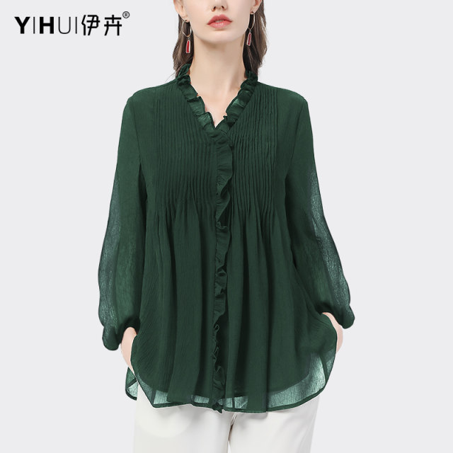 Chiffon shirt women's foreign style all-match V-neck cover belly slim top loose long-sleeved shirt large size spring and autumn new