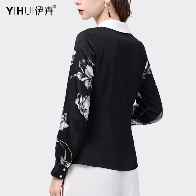 Design sense shirt women's printed long-sleeved top suit collar shirt professional fashion slim temperament 2023 early spring