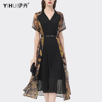 European and American v-neck temperament fashion long skirt female printed a-line skirt chiffon thin dress summer new skirt