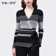 Knitwear women's long-sleeved spring, autumn and winter striped design cross v-neck sweater bottoming shirt thin section outerwear top