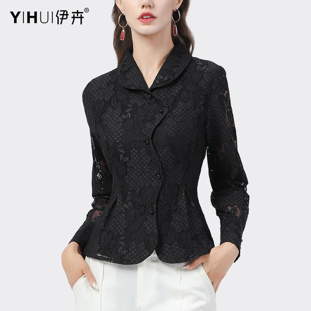 European station hollow lace shirt women's bottoming shirt women's long-sleeved tops foreign style shirt spring professional slim temperament