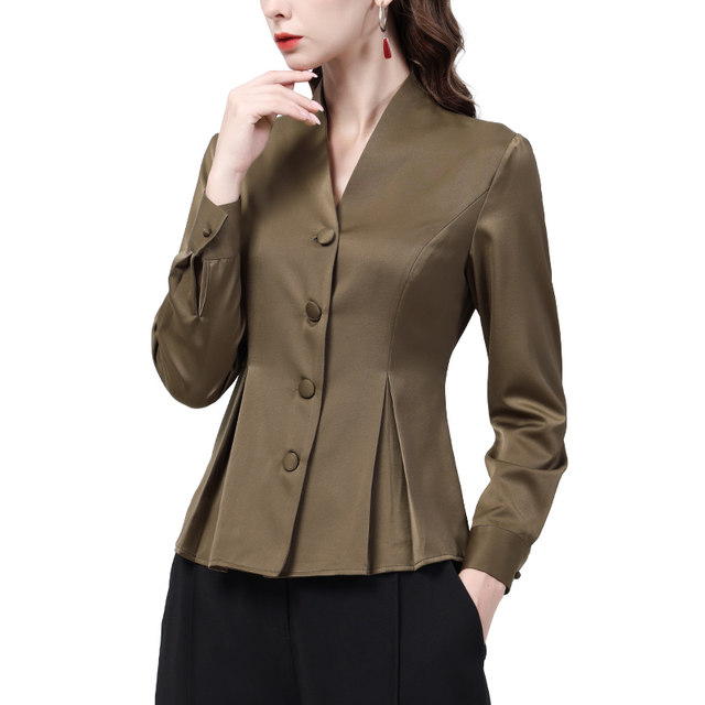 Satin shirt women's fashion v-neck temperament shirt versatile spring new long-sleeved waist top chic bottoming shirt