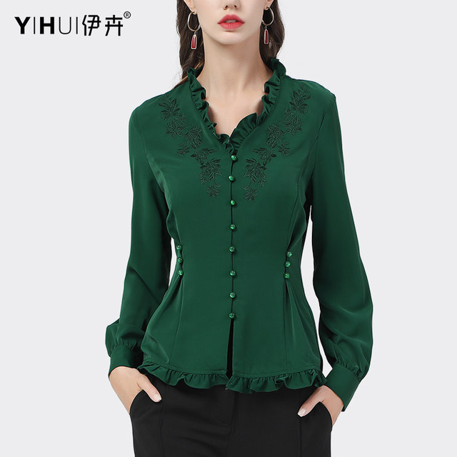 Embroidered flower shirt women's long-sleeved top v-neck shirt temperament cover belly waist slimming middle-aged and elderly spring new