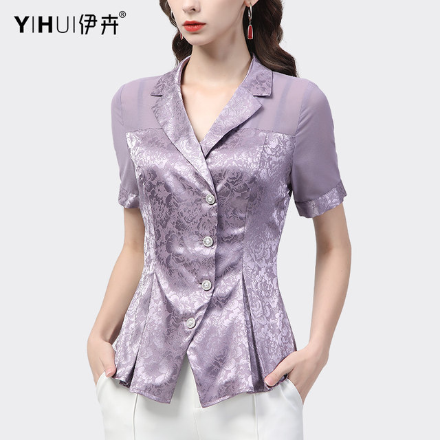 Satin splicing chiffon shirt short-sleeved women's 2023 summer suit collar shirt design slim top professional shirt