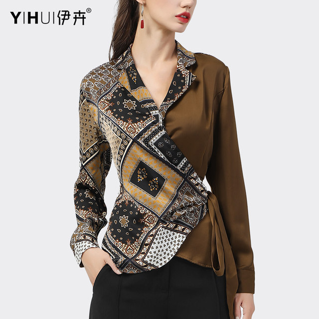 Shirt women's long-sleeved top suit collar asymmetrical stitching strappy shirt design niche fashion western style autumn clothes