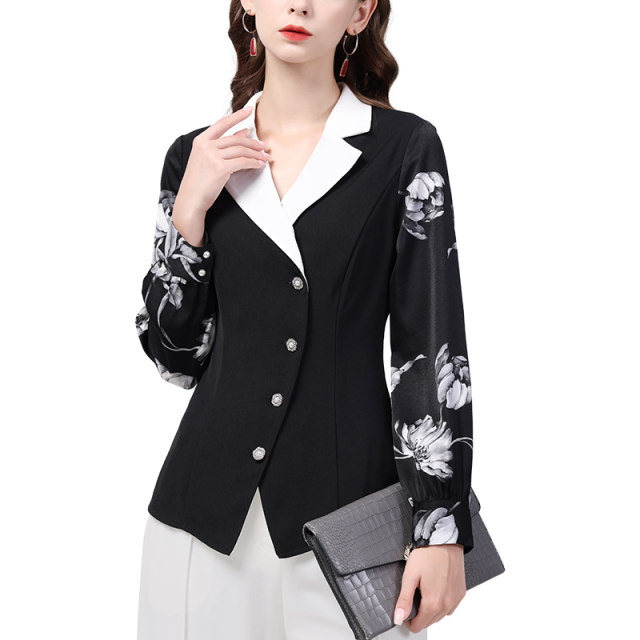 Design sense shirt women's printed long-sleeved top suit collar shirt professional fashion slim temperament 2023 early spring