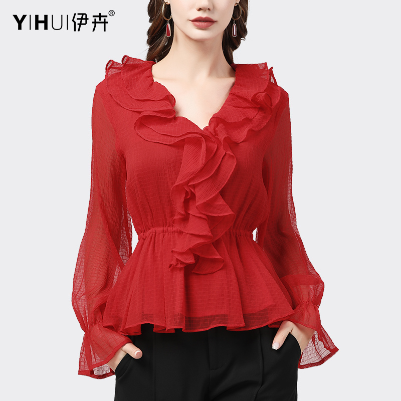 Chiffon Blouse for Women, Flared Long Sleeves, Ruffled V-Neck Top, Red, Waist-Cinching, Slimming, Stylish, Early Autumn New Style Blouse