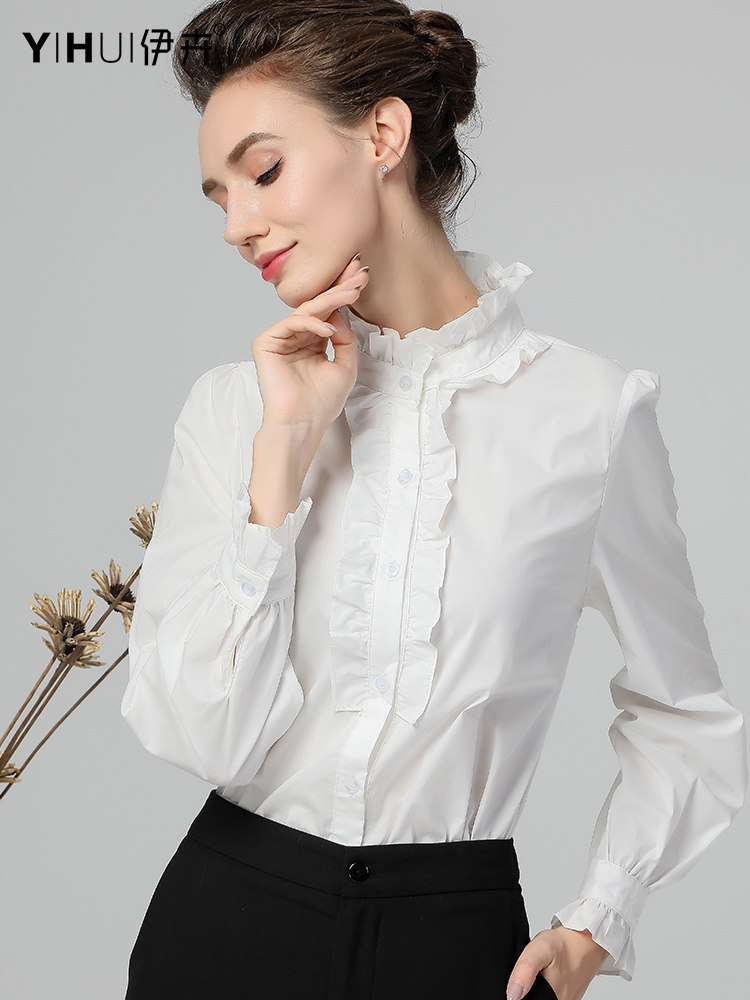 White shirt base shirt top Long sleeve stand collar wooden ear edge thin cotton shirt Professional women's clothing spring 2021