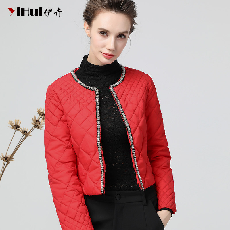 New down clothes small jacket woman short autumn winter Outer lap small kan shoulder round neckline nail pearl small fragrant wind ol Eurogoods