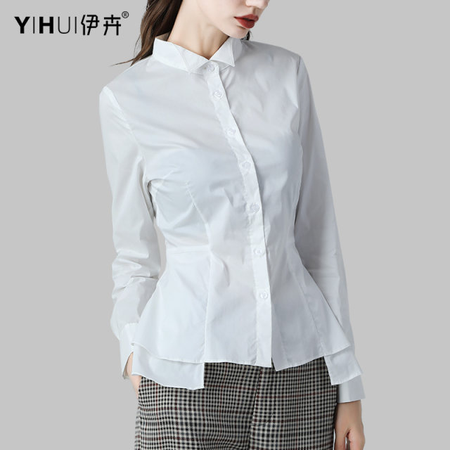 Shirts for women, long-sleeved design shirts, spring and autumn velvet cotton tops, slim-fitting commuting professional wear, Western-style waist-cinching shirts