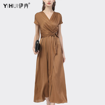 European station slim and slim temperament ladies dress women's mid-length summer new French V-neck Western-style A-line skirt