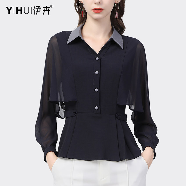 European autumn new long-sleeved chiffon shirt women's fashion polo collar professional temperament shirt foreign style age-reducing shirt