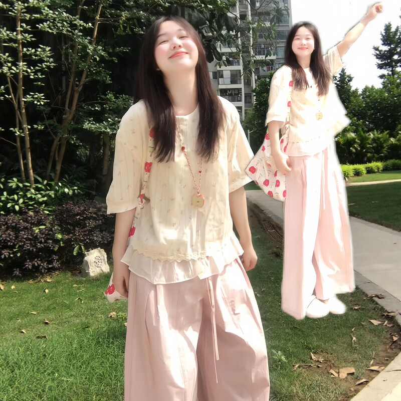 Korean Style Super Cute Sporty Outfit for Women, Summer Age-Reducing Outfit, Floral Shirt, Short-Sleeved Wide-Leg Pants, Casual Two-Piece Set Korean Style Super Cute Sporty Outfit for Women, Summer Age-Reducing Outfit, Floral Shirt, Short-Sleeved Wide-Leg Pants, Casual Two-Piece Set