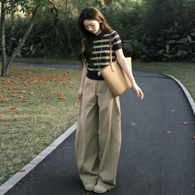 Korean Style Sports Suit for Women, Summer Fashion Outfit, a Complete Set of Striped Knitted Short-Sleeved Wide-Leg Pants, Casual Two-Piece Set Korean Style Sports Suit for Women, Summer Fashion Outfit, a Complete Set of Striped Knitted Short-Sleeved Wide-Leg Pants, Casual Two-Piece Set