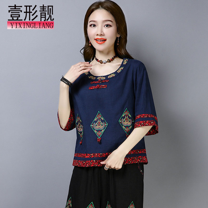 Large-code gió quốc gia mặc bông và gai dầu tay áo t-shirt phụ nữ phụ nữ retro của loose-fitting thêu Trung Quốc Tang áo khoác ngắn