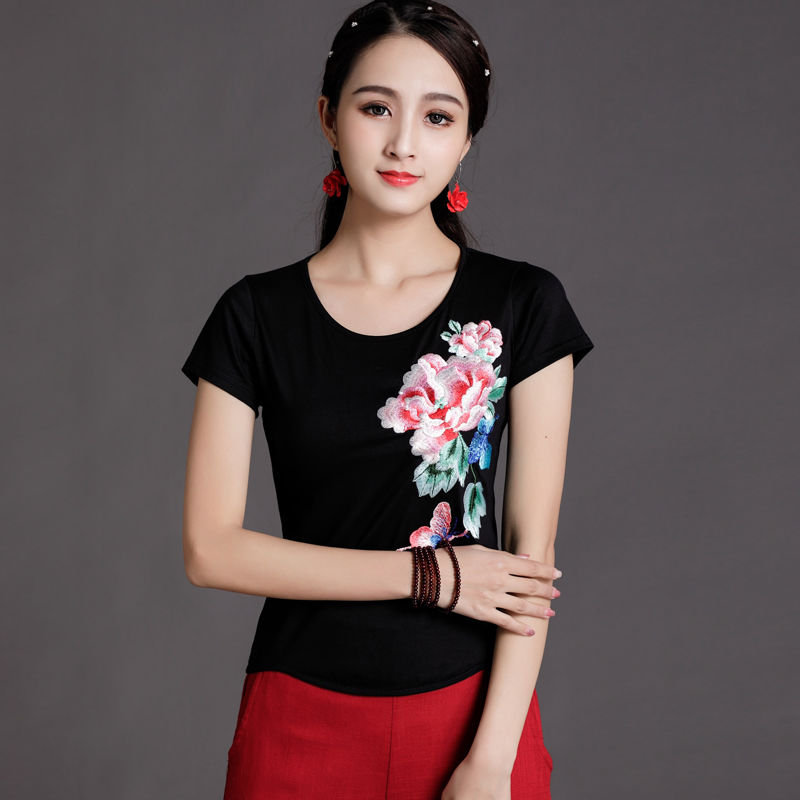 Mùa hè ăn mặc quốc gia mặc hàng đầu bông thêu ngắn tay T-shirt sửa chữa gió của Trung Quốc vòng cổ lớn mã thêu quần áo phụ nữ gió của