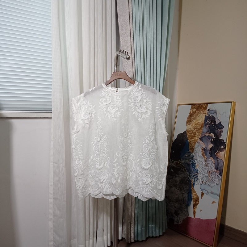 Wendy Wang Silk Cotton Light Mature White Lace Embroidered Shirt Women's Sleeveless Round Neck Versatile Top 26072301 Wendy Wang Silk Cotton Light Mature White Lace Embroidered Shirt Women's Sleeveless Round Neck Versatile Top 26072301