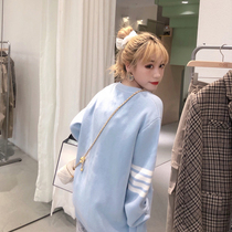 2021 Early spring New womens dress blue Outer lap long sleeves knit cardiovert Korean version loose sweater jacket with long section