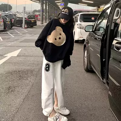 Salt round collar plus velvet bear thick cotton T female 2021 Spring and Autumn New Net red pop loose Korean version of lazy wind couple