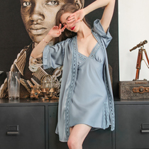 Pajamas womens spring and summer sexy ice silk lace suspender nightgown two-piece nightgown womens 2021 new style with chest pad summer