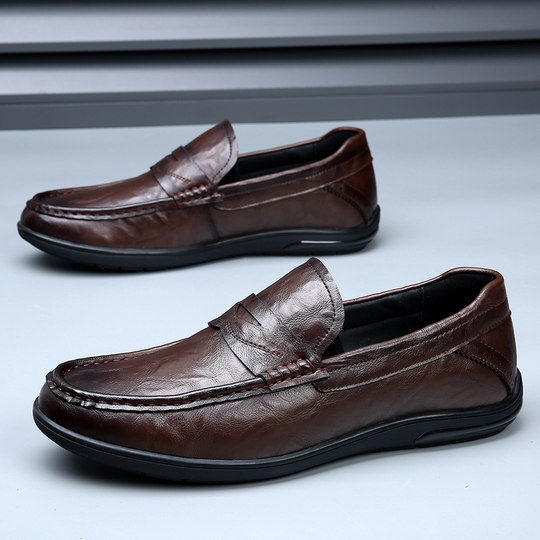 Soft sole soft surface men's leather shoes spring and autumn genuine leather breathable beanie shoes versatile slip-on casual shoes non-slip driving shoes