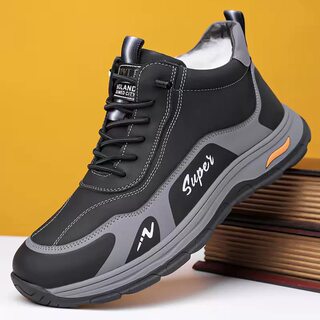 Winter 2025 New Men's High-Top Snow Boots, Thickened and Warm, Sports Casual Shoes, Black Fleece-Lined Cotton Shoes, Wool