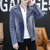 Denim coat mens cotton wash diagonal zipper denim jacket young students slim fashion lapel jacket tide