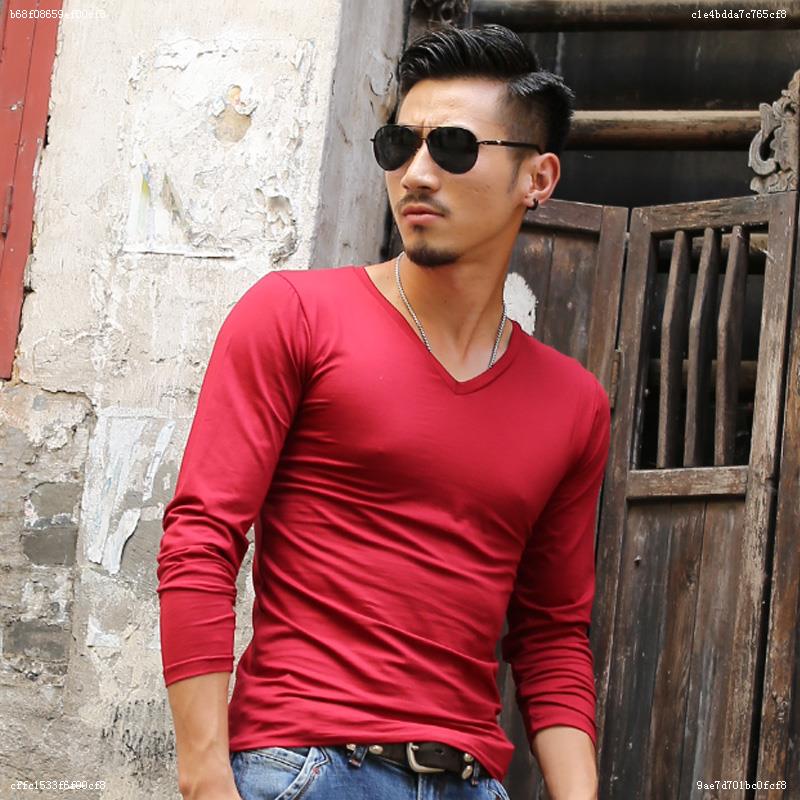 màu tinh khiết áo phía dưới cổ áo trái tim gà mens dài sleevet t-shirt máu màu yên tĩnh phiên bản sạch của mùa thu áo khoác mens đồ lót đất v.