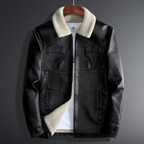 Dad winter clothes plus velvet thick leather men warm middle-aged and old short fur collar leather jacket retro lamb velvet coat