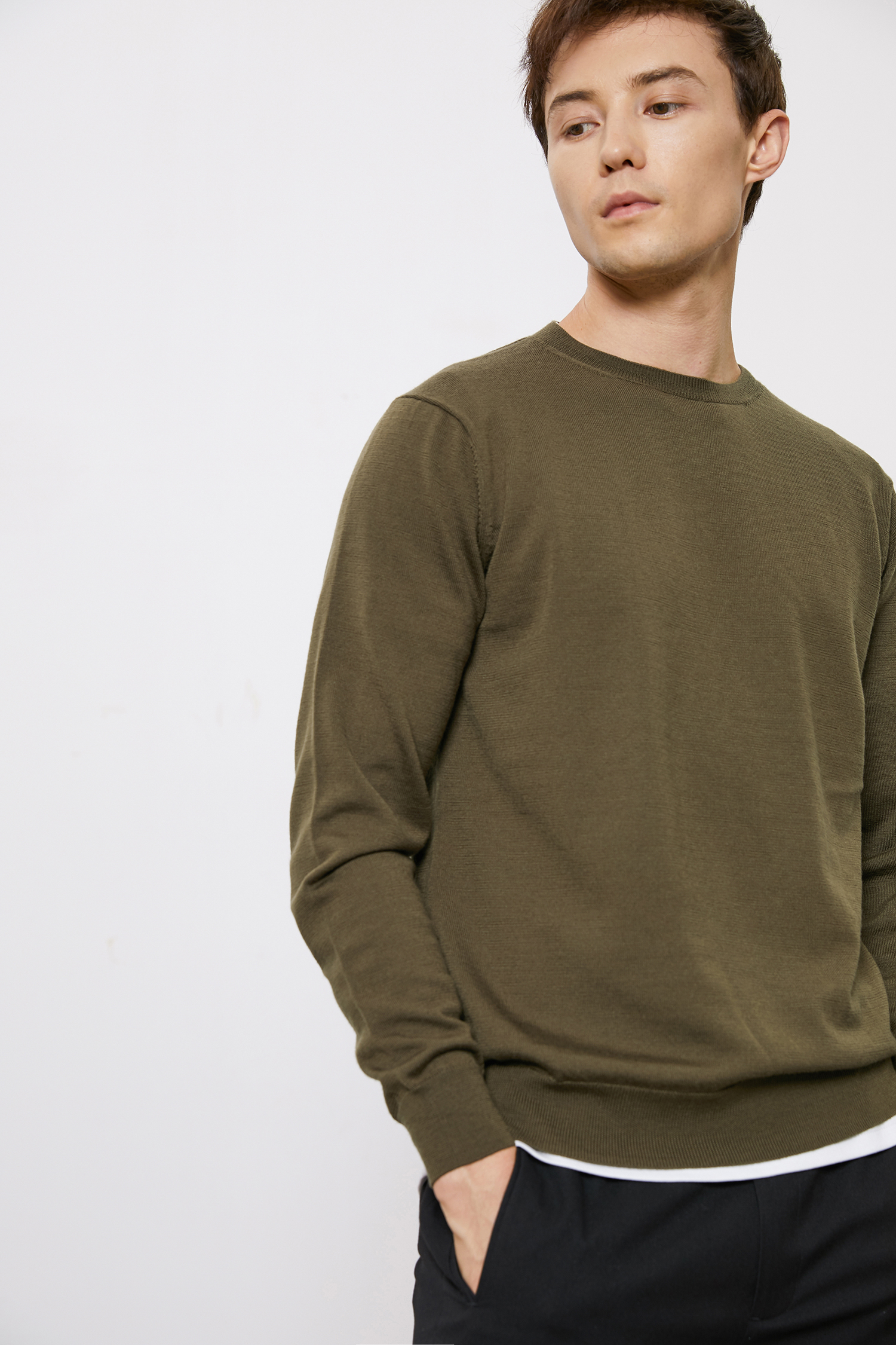 THESSNCE siêu mịn Merino toàn len cơ sở vòng cổ áo len đáy nam quần thể dục